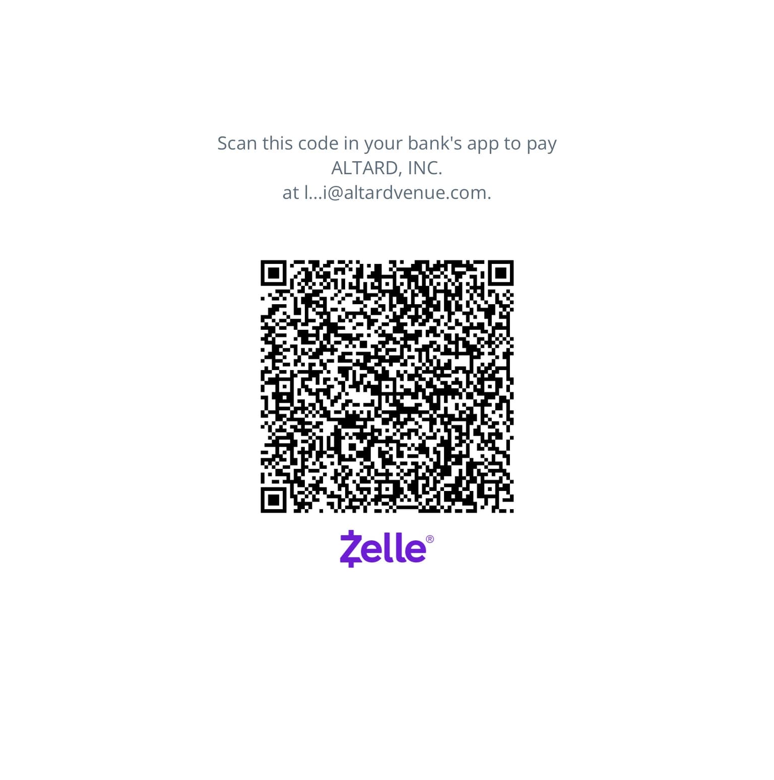 Zelle QR code for ALTARD, INC.